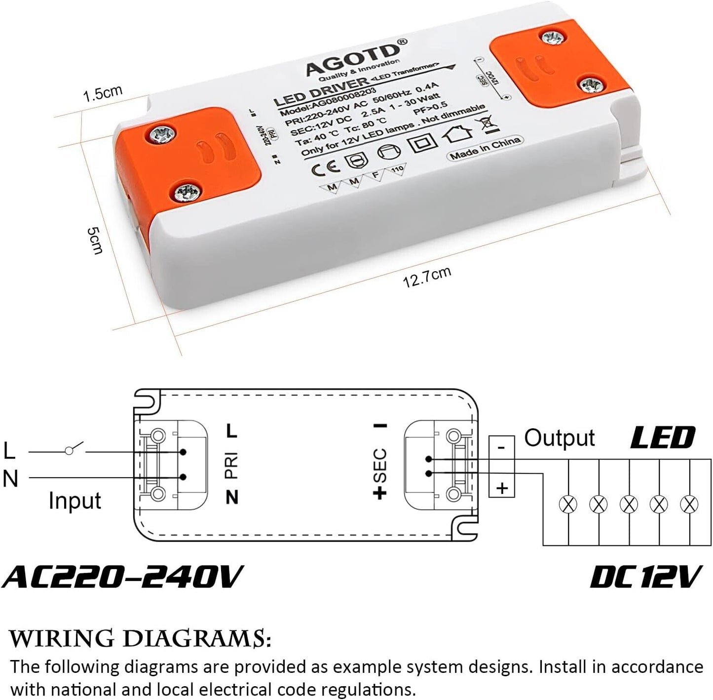 LED-Transformator, Eingang 220–240 V, Ausgang DC 12 V, 2,5 A, 30 W, LED