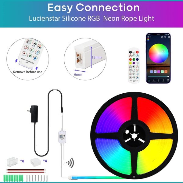 Lucienstar RGB Neon LED Strip - 12V/5M LED strip, Bluetooth App Steuerung, IP65